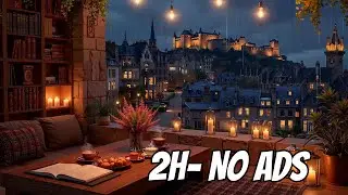 Cozy Ambience with Edinburgh Castle View 🌧️ Warm Jazz Music and Rain Sounds for Focus and Relaxation