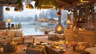 Peaceful Winter Coffee Shop by the Lake ❄️ Jazz Background Music & Warm Fireplace for Study, Relax