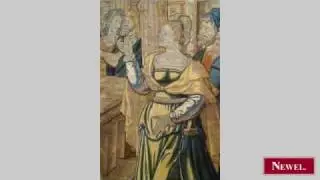 Antique Belgian vertical woven tapestry of lady by monument