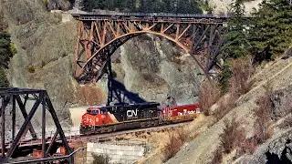 Huge CN Trains Crossing Double Cisco Bridges Over The Mighty Fraser River in British Columbia