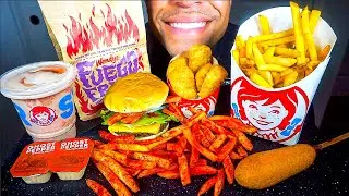 ASMR WENDY'S MUKBANG TAKIS FUEGO FRIES NUGGETS CHEESEBURGER CORN DOG FROSTY JERRY EATING SHOW