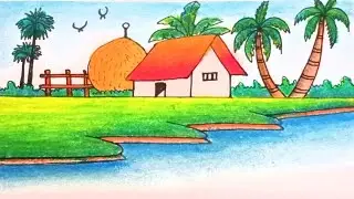 How To Draw Indian Village Landscape drawing & River side Nature Scenery drawing Step by Step Easy 