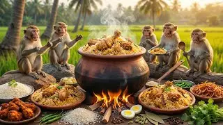 बंदरों ने खुद पकाई Chicken Biryani 😲🔥 | Viral Video | Village Style Monkey Cooking AI