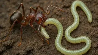 An ant is hunting a worm.worms ,ants ,worms hunting ,cute ants ,red ants,
