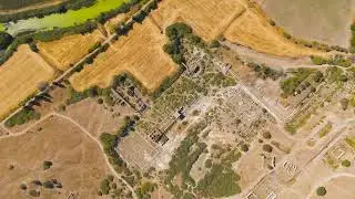 Balat, Turkey. Aerial view of the Capito Roman Baths and South Agora complex at Miletus archaeolo...
