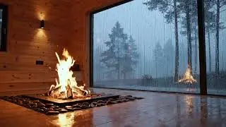 1 Hour Heavy Rain Through Glass Wall + Indoor Firepit | Deep Sleep & Stress Relief