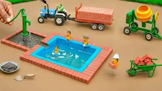 Mini bricks swimming pool | Diy tractor making construction swimming pool science project