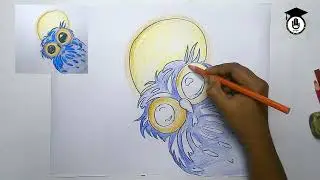 214, How to draw owl and the moon, Very Easy Cartoon Drawing step by step ! Drawing & Painting