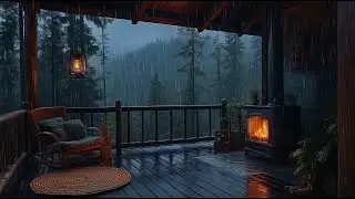 Heavy Rain & Thunder in Hidden Porch Inside the Forest - Rain and Fireplace Sounds for Sleep, Relax