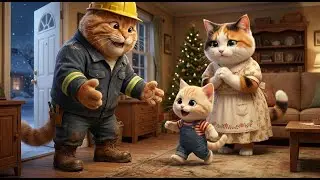 Christmas reunion: Father cat returns to mother cat and cute kitten