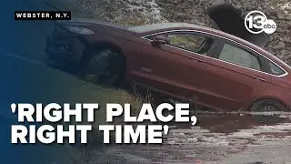 Доброжелательные люди спасли женщину, которая съехала на машине в ледяной пруд.