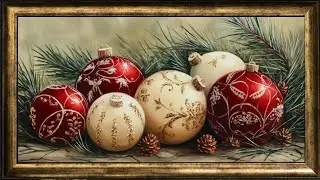 Framed Christmas Still Life Screensaver, Vintage Candle & Christmas balls, Aesthetic Ambience