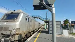 fret combirail en gare de Gerzat bb 75000 um + porte conteneurs + klaxon.
