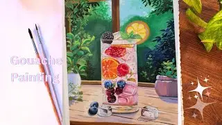 🍹Painting Vibrant Fruit Punch with Jelly Gouache🌿 | Ice painting | cozy painting