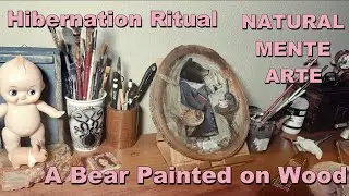 speedpainting Hibernation Ritual A Bear Painted on Wood. Mixed Media on Tree Trunk Slice Golden fish