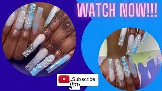 Watch me work: Freestyle XLong Light Blue Prom Full Set / 3D Flowers / Acrylic Full Set