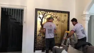 Wall mounting a beautiful Oriental screen with custom built support brackets and top swivel holders.