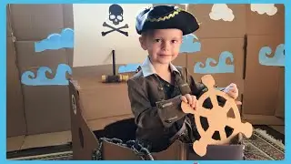 BRUCE PRETEND PLAY IN GIANT BOX FORT WITH AIRPLANE, PIRATE SHIP AND BEACH!
