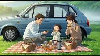 Road trip with family in the car on a rainy day ⛈ Studio Ghibli style