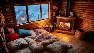 暴雪之夜的温暖小屋，壁炉柴火在燃烧，风雪呼啸