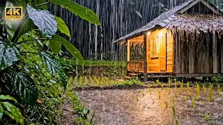 Cure Insomnia with Heavy Rain on Straw Roof | Dark Night Rice Field Ambience | No Thunder Audio