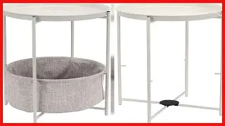 Amazon Basics Round Storage End Table, Side Table with Cloth Basket - White/Heather Gray