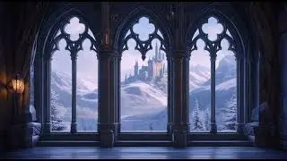 Snowy Mountain Castle View Through Gothic Window | Relaxing Winter Wind Sounds