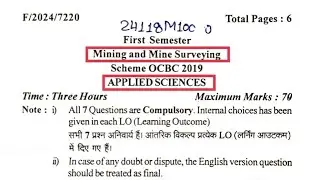 || Applied science || RGPV DEPLOMA || MINING ENGINEERING PAPER 2024 || POLYTECHNIC COLLEGE