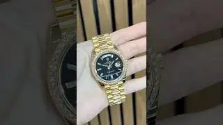 Yellow Gold Rolex DayDate with Factory Diamond Bezel and Black Baguette Dial #patek #rolex #gold