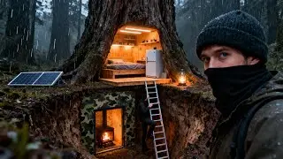 Building a Hidden Cozy Shelter INSIDE a Giant Tree Trunk | Rainy Forest Bushcraft ASMR