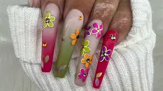 RETRO-VINTAGE FLOWER NAILS/AT HOME NAIL/BEGINNER/ TUTORIAL/GREEN PINK/WATCH ME WORK/STICKER NAIL ART