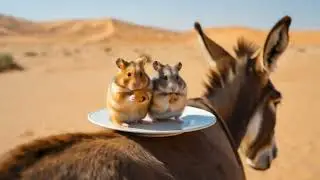 Two hamsters eating cookies&mdash;on a donkey&rsquo;s back!