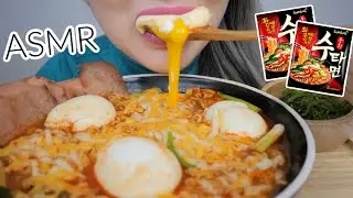 Samyang Spicy Ramen with SOFT Boiled Eggs and Spam *Slurping Eating Sounds | NE Let's Eat