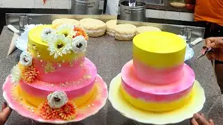 Two Tier Cake New Design | Pink yellow Colour Cake Design | Two Tier Cake Decorating Ideas