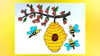 How to draw Beehive with Bee 🐝.. Honeycomb Drawing Easy... Easy Beehive Drawing... Honey bee drawing