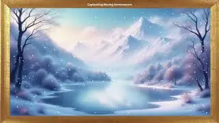 Snow-Covered Mountains, Frozen Lake and Bare Trees | Falling Snow | 4K Framed Art | No Sound Video