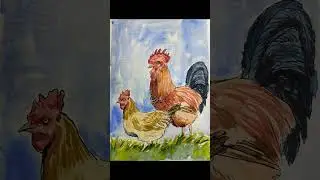 ink and watercolor chicken and rooster