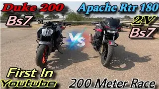 Ktm duke 200 bs7 vs Apache rtr 180 2v bs7 rm model 200 meter drag race |3 round || who is winner 🏆