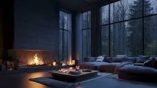 Heavy Rain & Soft Fireplace | Dark Modern Living Room Sleep Sounds