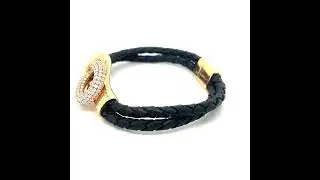 18k Rose Gold Square Knot Diamond Plaque Bracelet w/ Braided Leather Cords, Size 7.5