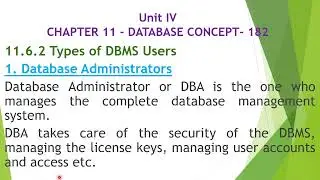 Unit 4 part 6, Types of DBMS Users, CHAPTER 11 - DATABASE CONCEPT, in tamil, A. Jaya Mabel Rani.
