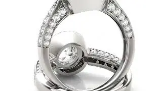 Halo Diamond Pave Set Engagement Ring, Three Sided Pave Set Band in White Gold