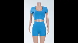 Plus size solid color ribbed fabric stretch U-neck low-cut stylish sports two-piece set A47185