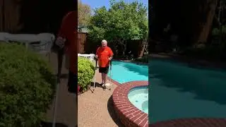 Ajax, M+D Crutches user who lives with Multiple Sclerosis walking poolside with confidence!