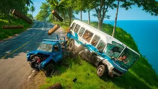 INSANE BUS VS CARS CRASH | Vehicles Plunge Off Cliff into Sea ! - BeamNG.drive