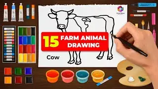 how to draw 15 farm animals easy in English | Cow, Dog, Horse, Camel, Rooster, Hen, Goat, Sheep etc.