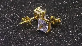 14K Gold Princess Brilliant 925 Sterling Silver Stud Earrings