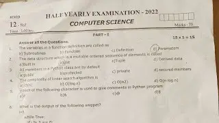 12th Computer Science Half yearly examination 2022 Question amd Answer key