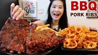 Huge BBQ Pork Ribs & Curly Fries Feast! Garlic BBQ Baby Back Ribs, Hickory BBQ Spare Ribs - Mukbang