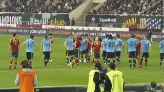 freekick taken by sergio ramos into wall..  spain vs uruguay qatar 2013